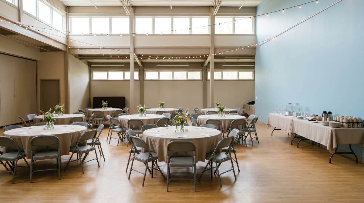 A community room with round tables and folding chairs set up for a small fundraising event.