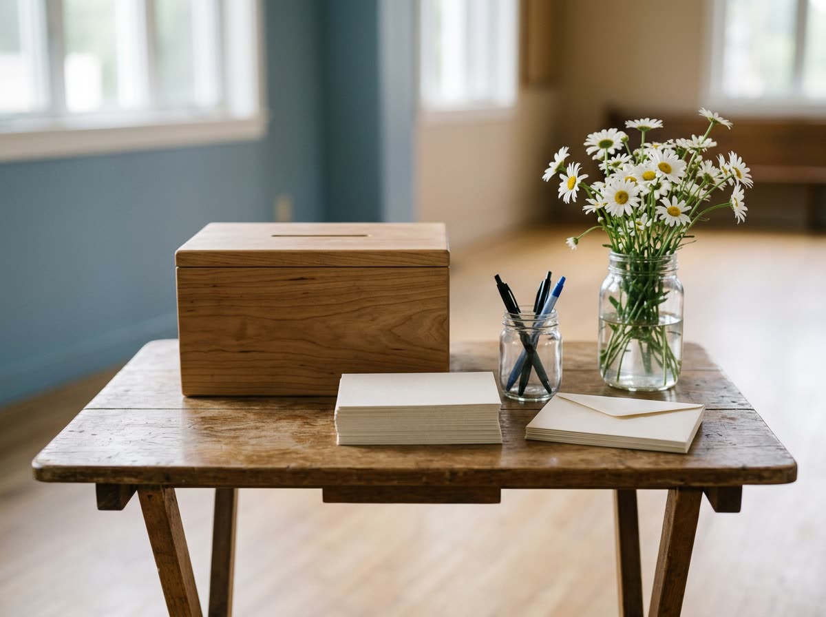 A plain collection box, blank pledge cards, pens and envelopes arranged on a folding table.