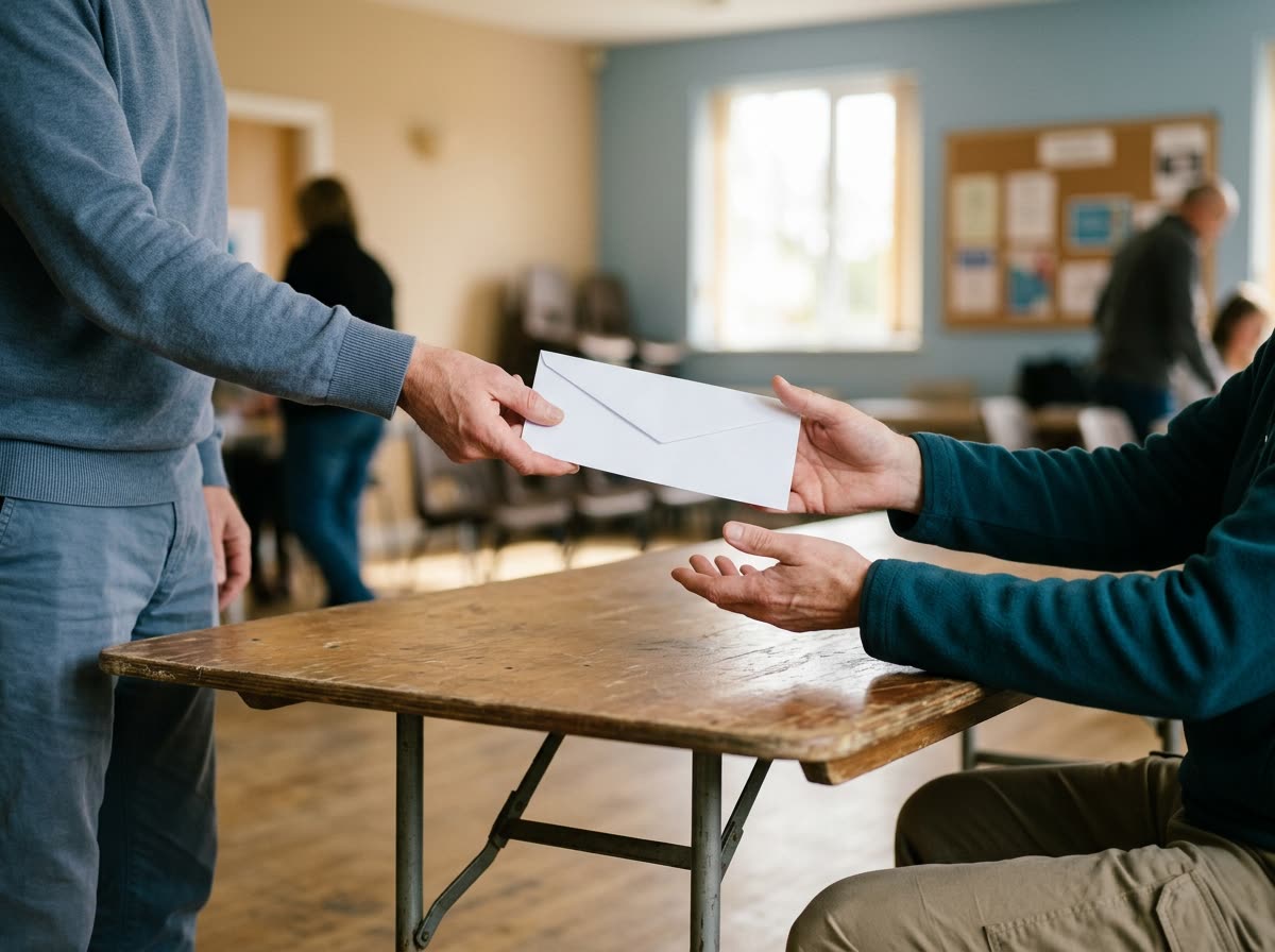 One adult hands a sealed envelope across a table to another, both faces out of frame.