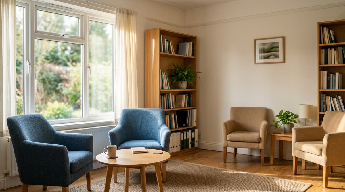 A bright community room with pairs of chairs angled around low tables near a window.
