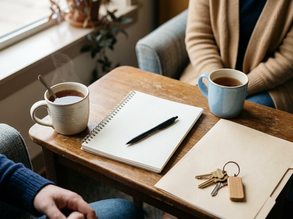 An open notebook with blank pages, a pen, two mugs and a folder on a small table.