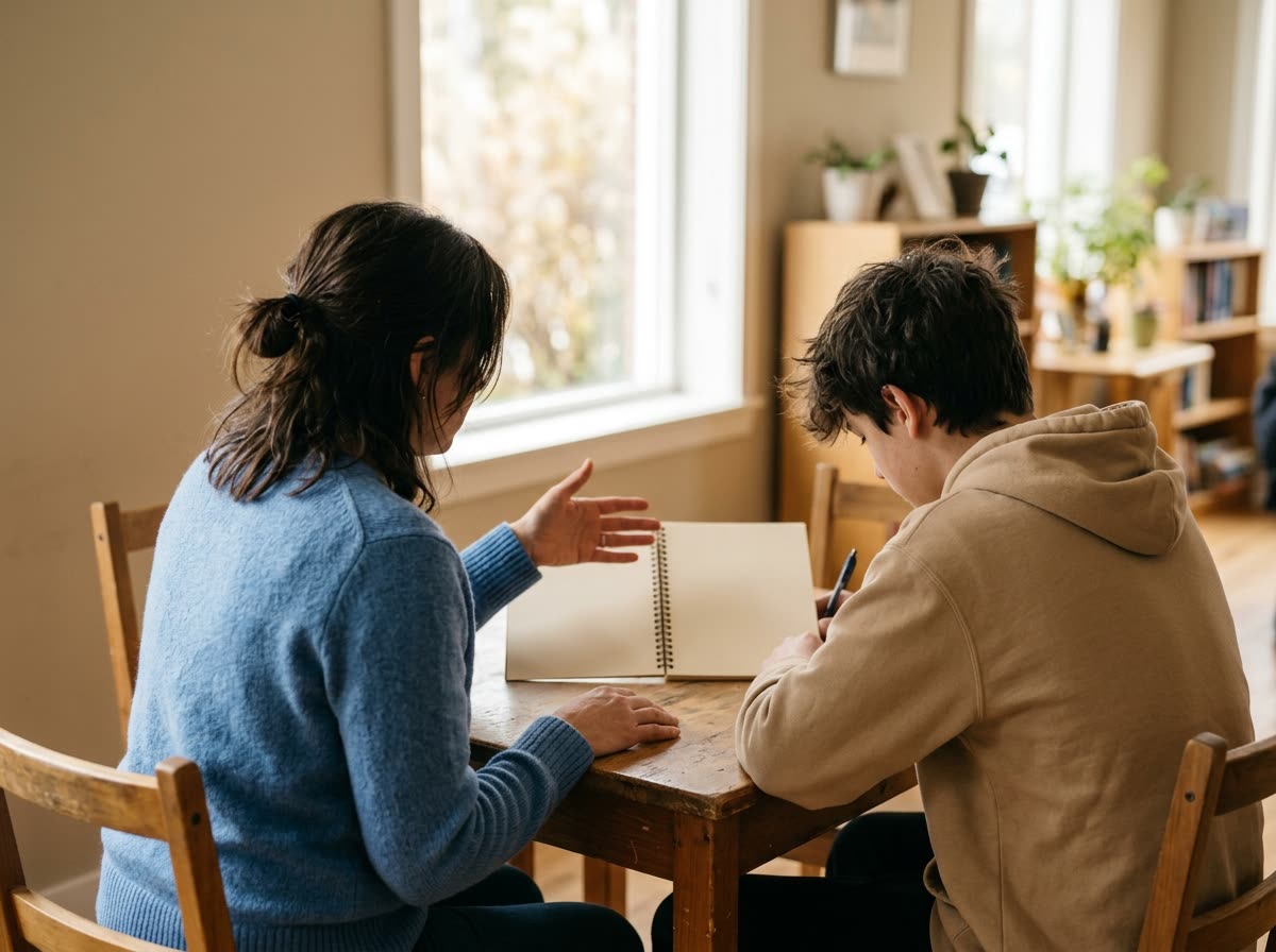 An adult and a teenager seated at a table seen from behind, both faces out of frame.