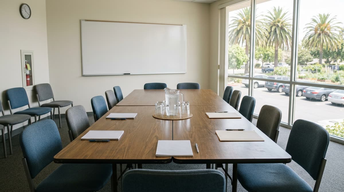 A plain meeting room with a long table, stacking chairs and a blank whiteboard.
