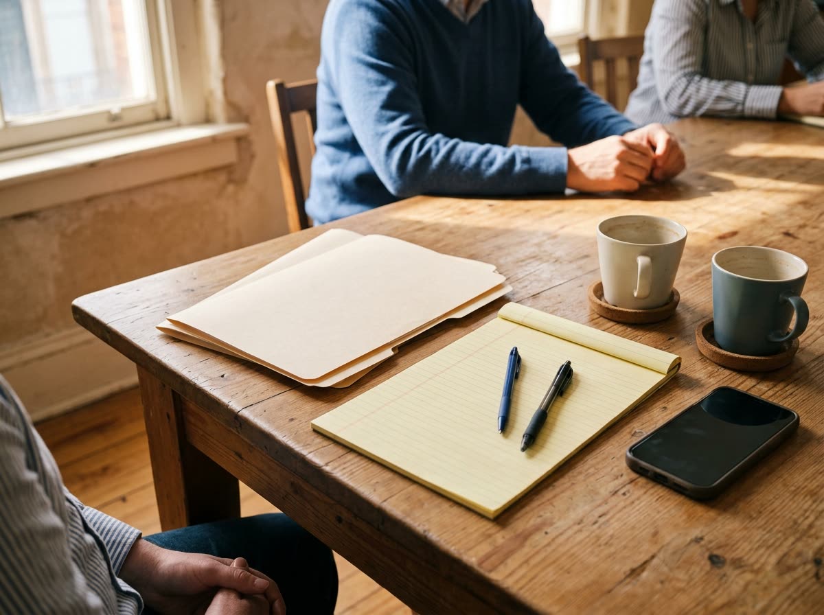 Stacked folders, a blank legal pad, pens and coffee cups on a conference table.