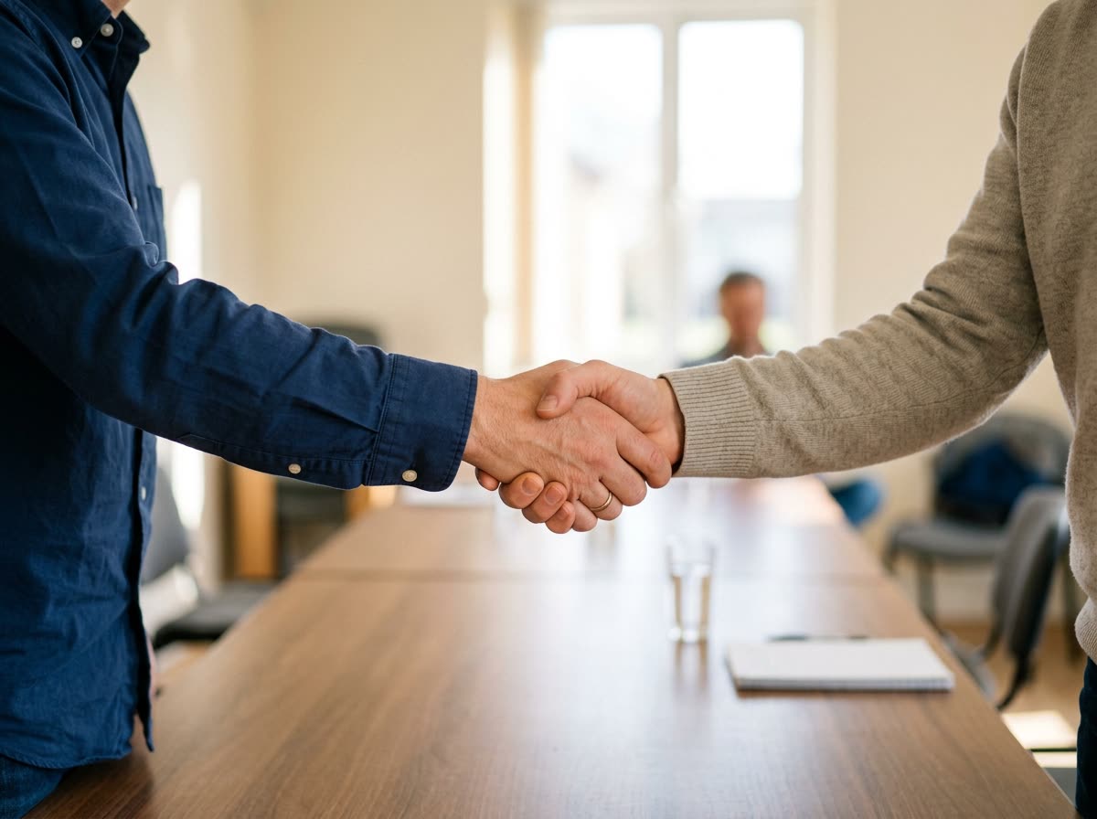 Two adults shaking hands across a meeting table, framed from the chest down.