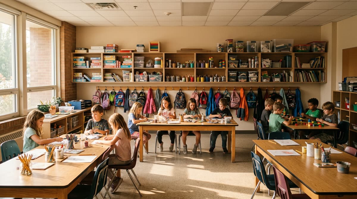 An after-school room with long activity tables, supply shelves and backpacks on wall hooks.