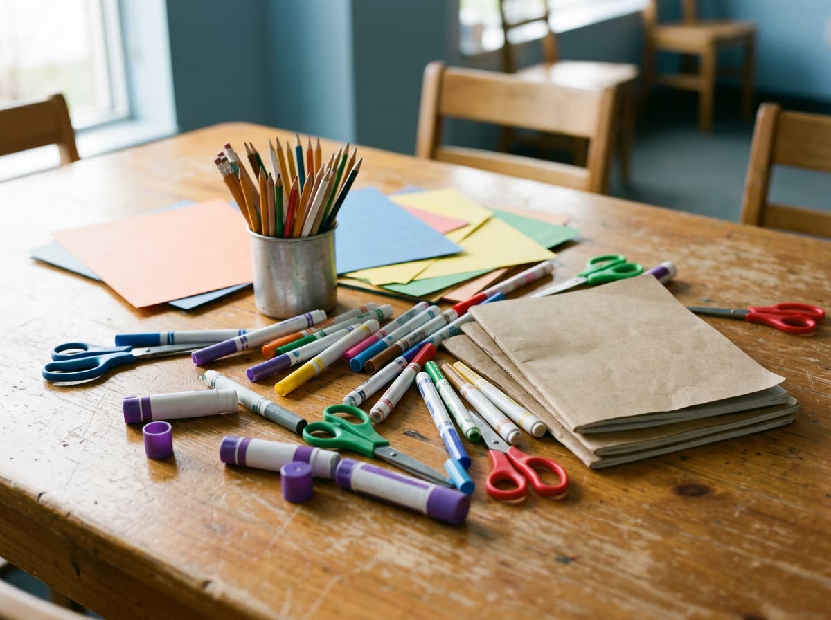 Markers, blunt scissors, glue sticks, blank paper and plain workbooks spread on a table.