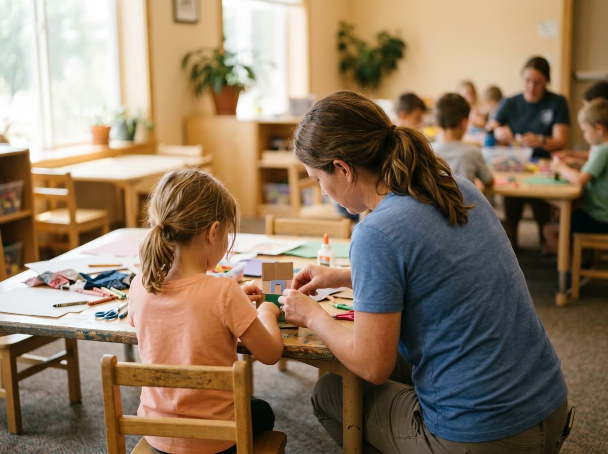 An adult kneels beside a child at a craft table, both seen from behind.