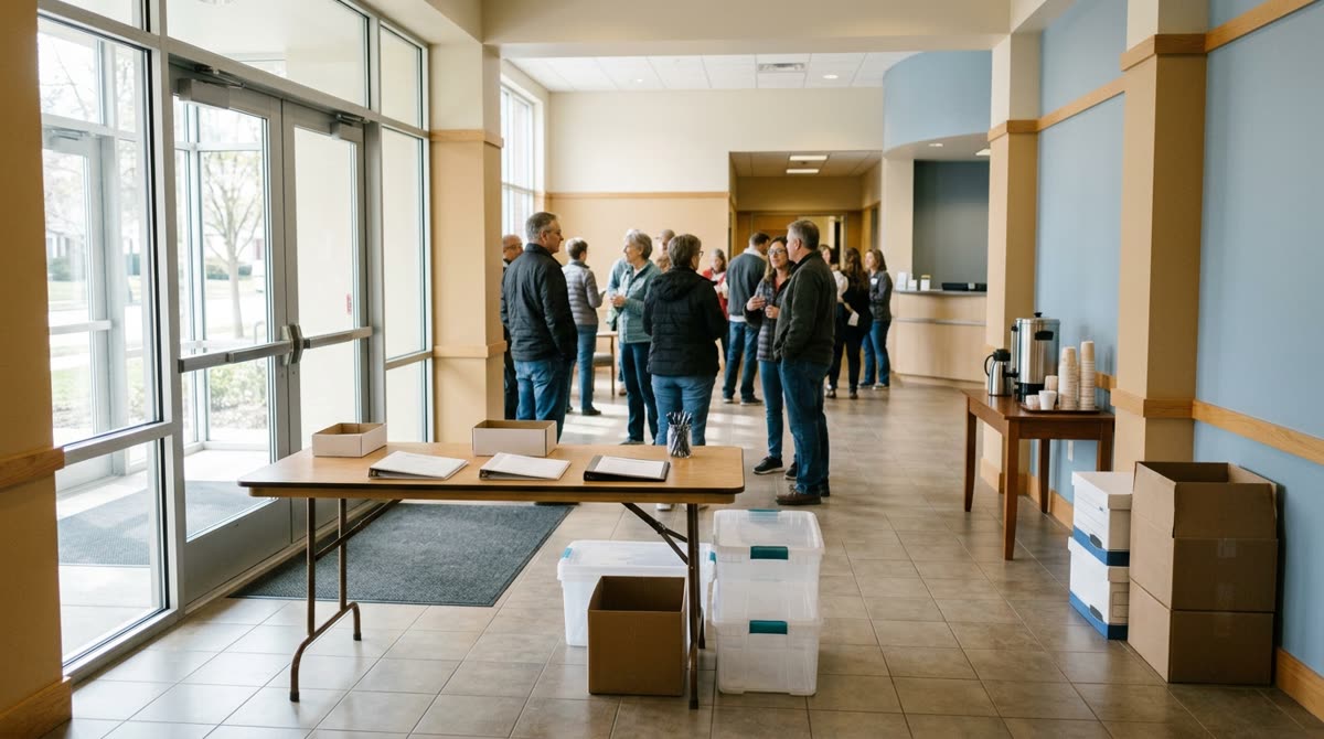 A community center lobby with a folding sign-in table, stacked supply bins and glass doors.