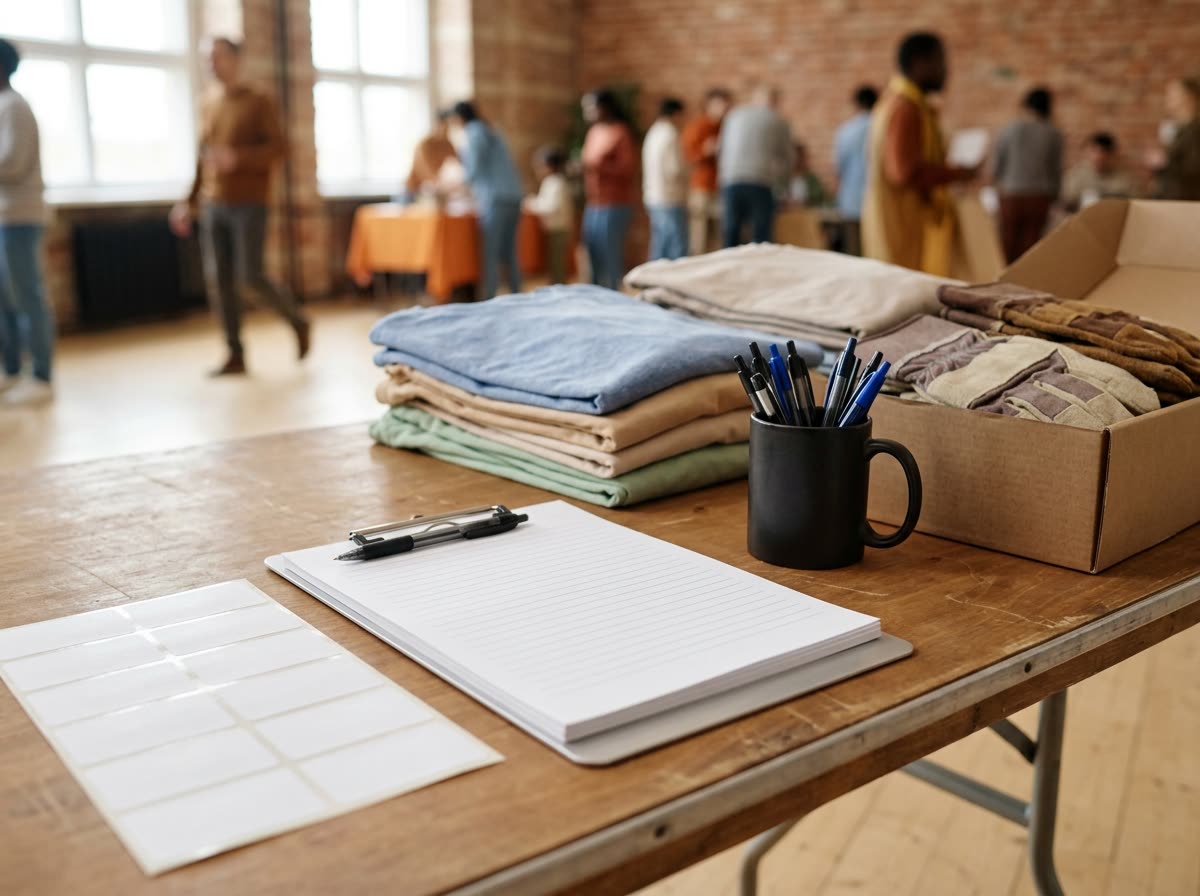 Blank name-badge stickers, a clipboard, pens, folded plain t-shirts and work gloves on a table.
