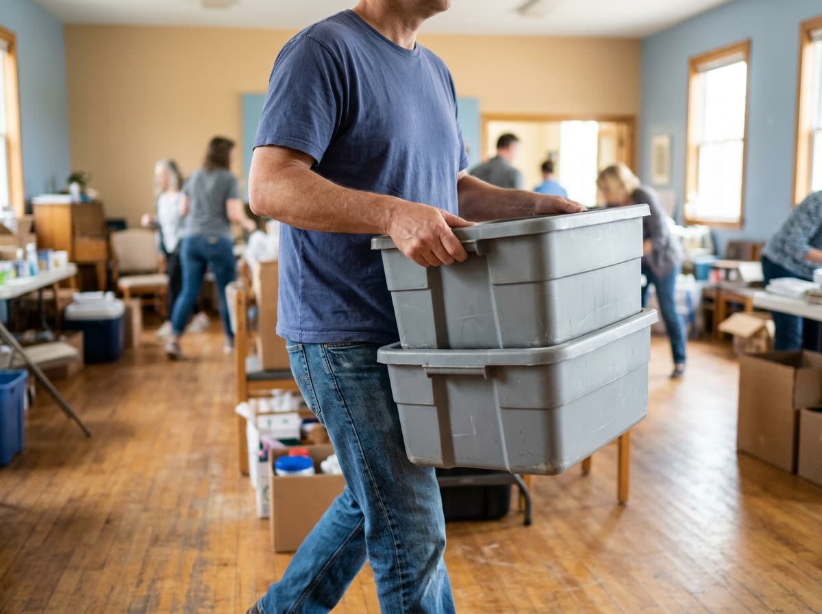 A volunteer carries two stacked supply bins across a room, face out of frame.