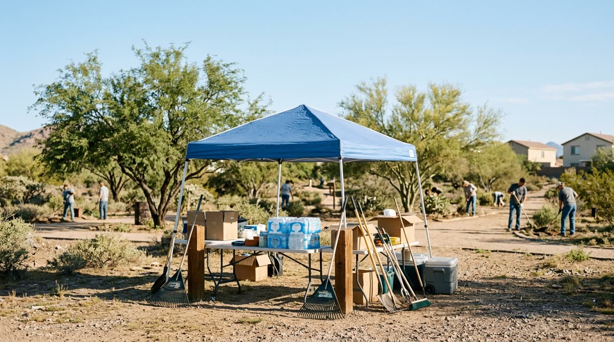 A canopy over folding tables in a park with staged supplies, tools and water cases.