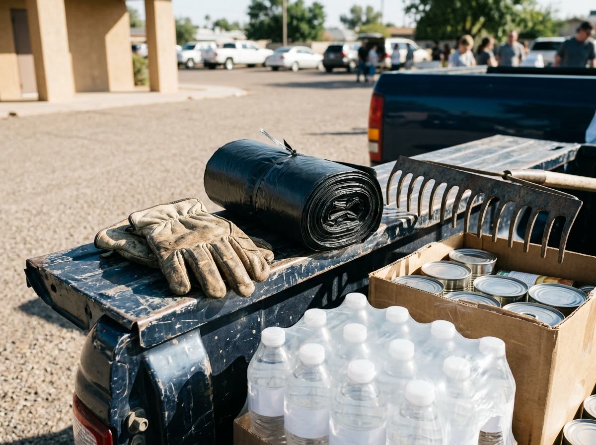 Work gloves, trash bags, a rake and a box of unlabeled canned goods on an open tailgate.