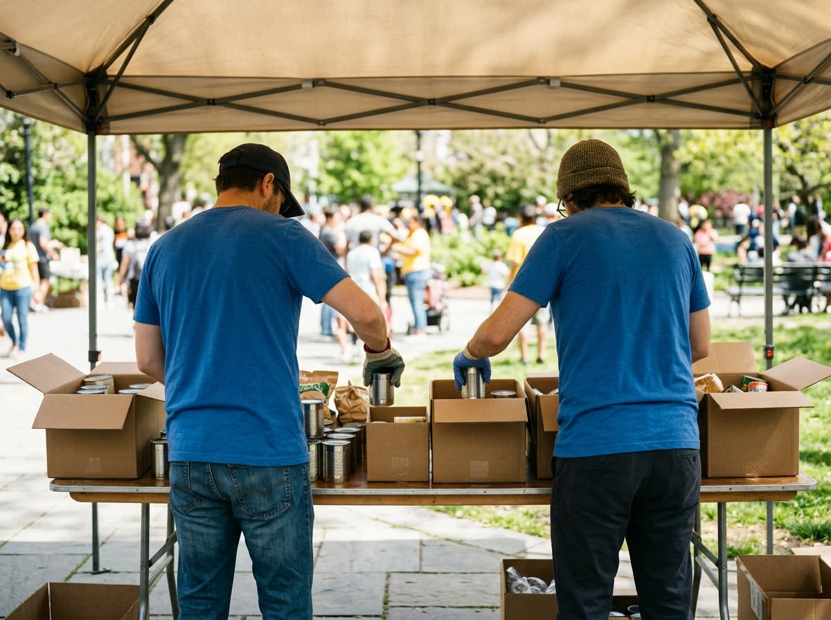 Two volunteers seen from behind sorting canned goods into boxes at a folding table.